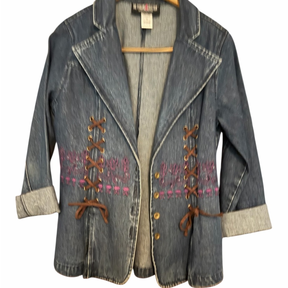 The Pyramid Collection Blue Jean Jacket with Purple Embroidery